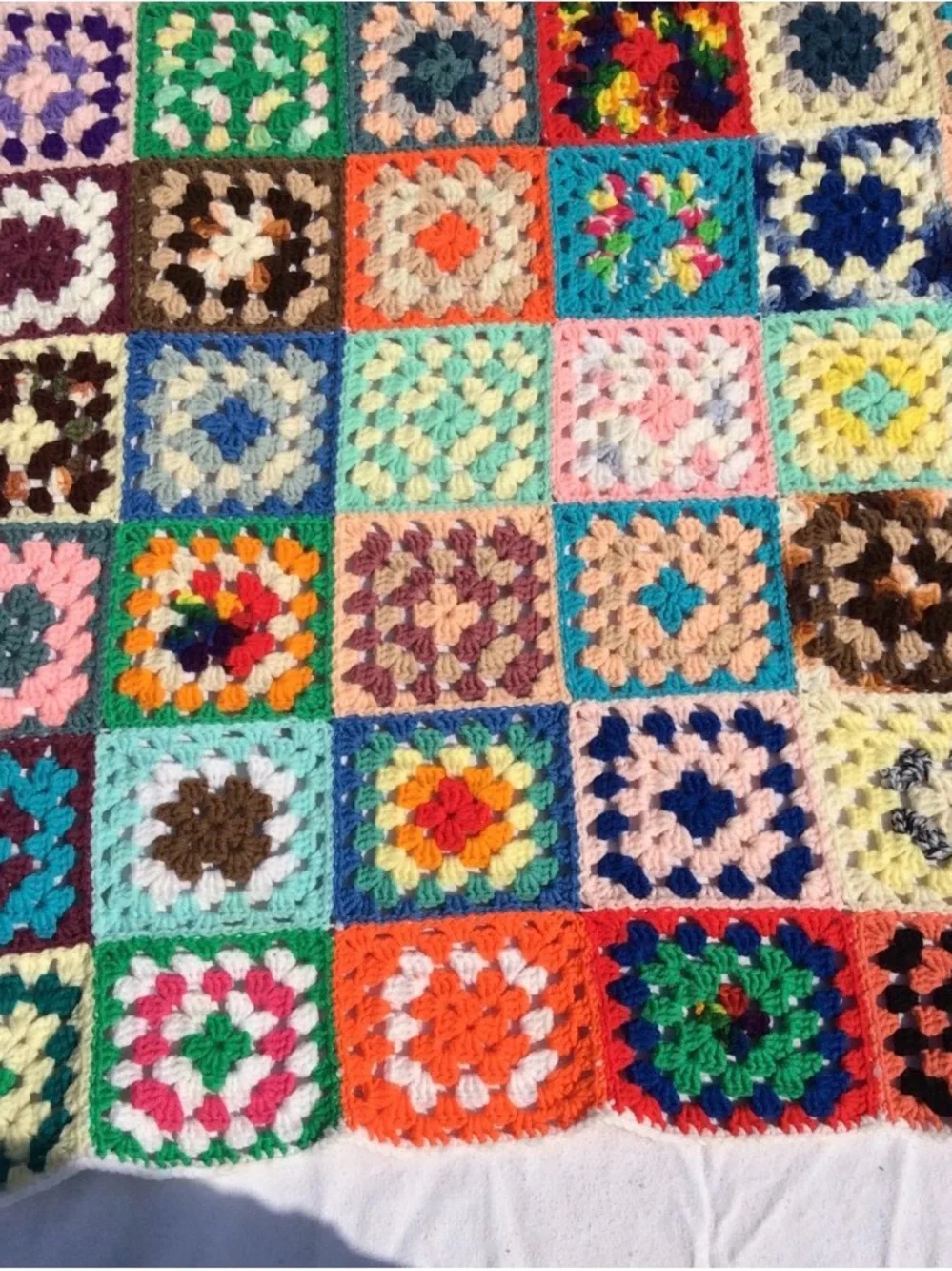 Vintage Handmade Colorful Crochet Granny Square Blanket